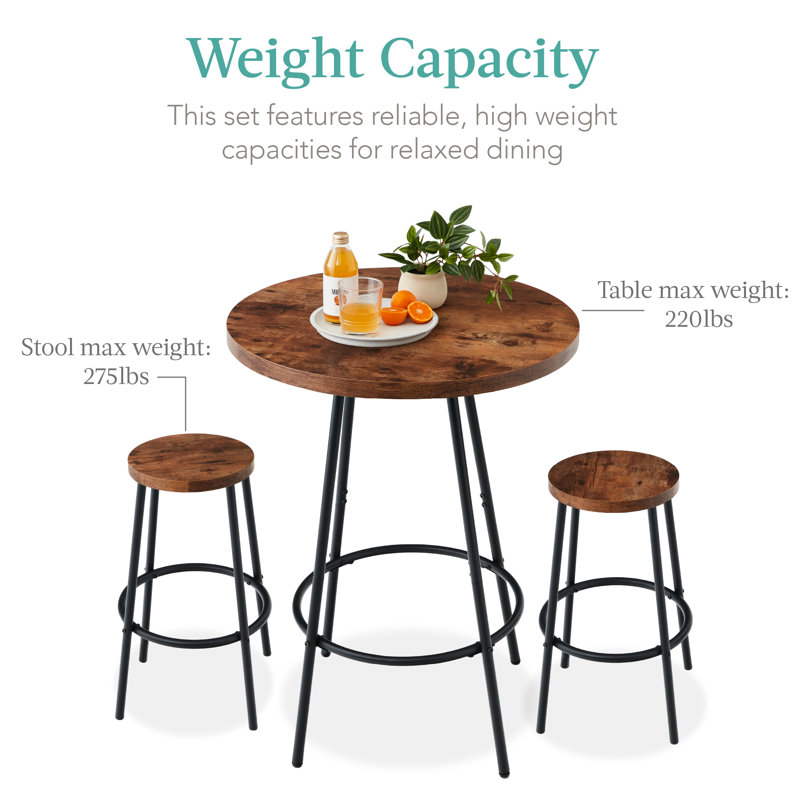 Sevon 3-Piece Bistro Set, Modern Round Counter Height Dining Set w/ 2 Stools, Metal Frame, Medium Brown