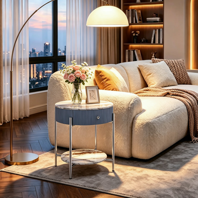 Woodville Side Table with Storage, Calacatta Gold, Chrome