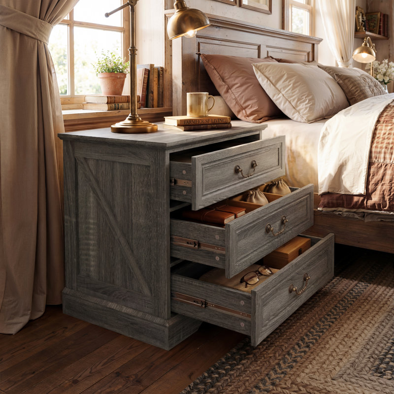 Auserine 3-Drawer Nightstand With Built-In Outlet, Gray