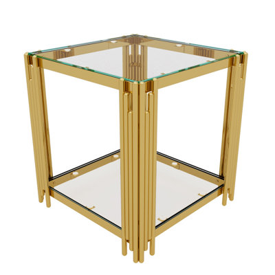19.9" Square Modern Mirror End Table, Asymmetrical Gold Metal Frame with Lower Storage Shelf