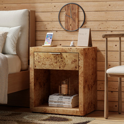 Manish Farmhouse Burl Finish Nightstand With Charging Station And Open Shelf