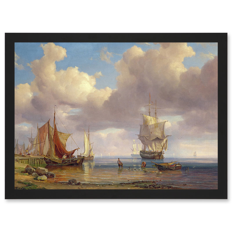 Painting Seascape Maritime Vollmer Calm Sea Ships Shore - Single Picture Frame Print