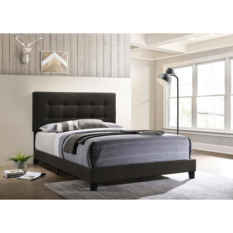 Lit double chambre à coucher gris anthracite - Design moderne avec tête de lit tapissier et pieds élégants revêtus de contreplaqué / panneau noir