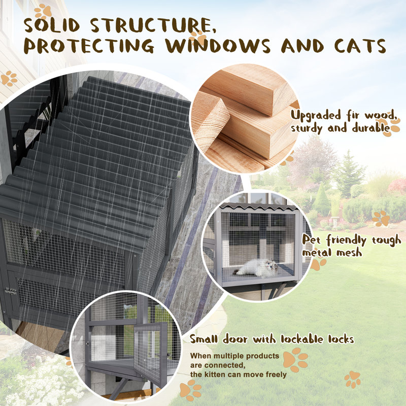 2PCS Cat Catio,Cat Window Perch for Large Indoor Cats - Expandable Wooden Cat Window Box Enclosure for Multi Cats, Grey