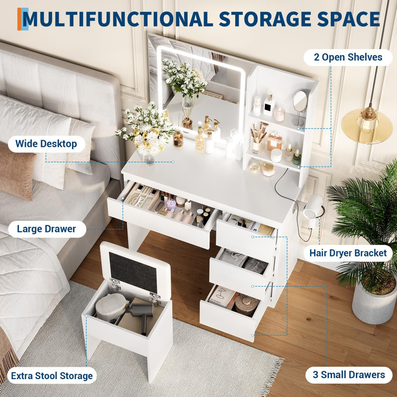 Bureau de maquillage avec miroir lumineux à 3 couleurs DEL, 4 tiroirs et station de charge, ensemble de meuble-lavabo de chambre à coucher avec prises USB / Type-C, tabouret de rangement et tablettes ouvertes