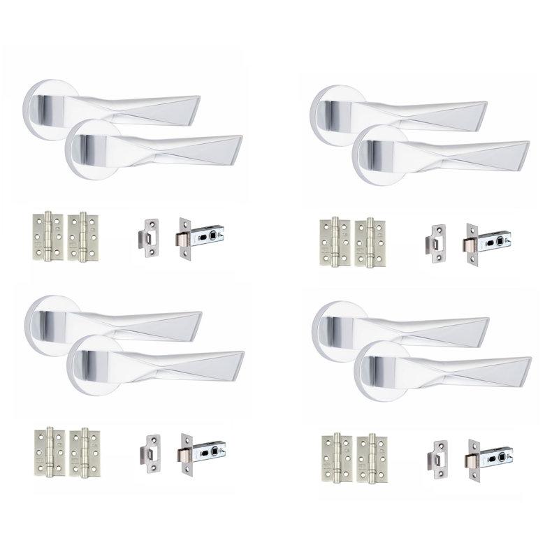 4 Sets Modern Aura Design Premium Door Handles on Round Rose in Polished Chrome with 2.5" Latch and 1 Pair of Ball Bearing Hinges