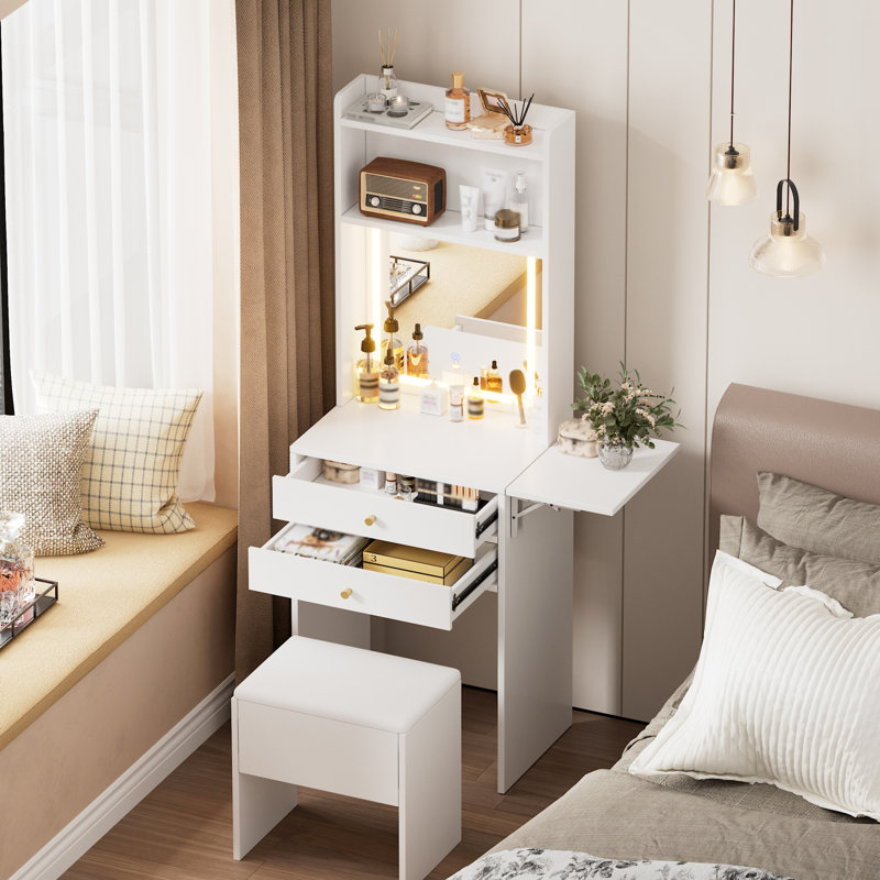 Ensemble de coiffeuse pour petit espace avec 3 miroirs lumineux réglables et une chaise de rangement, coiffeuse pour petit espace, coiffeuse blanche avec panneau rabattable, coiffeuse pour maquillage
