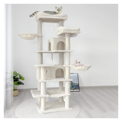 Arbre à chat multiniveaux de 173 cm de hauteur avec hamacs, panier suspendu et grotte - Tour en peluche beige avec poteaux à griffer en sisal pour chats d'intérieur