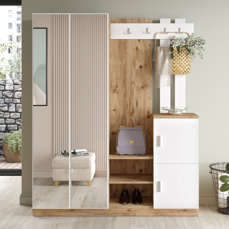Modern Hall Stand with Atlantic Pine & White Finish, 58.0 x 70.8 x 14.8 inches | 100% Melamine Coated Particle Board, Thickness: 0.7 inches | Stylish Storage Solution for Entryways, Durable & Elegant Design