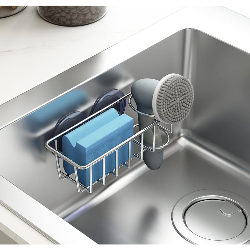 Support à éponge pour évier de cuisine 2 options de suspension (ventouses et crochet adhésif), acier inoxydable SUS304, argent