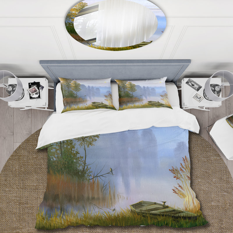 Le bateau sur la berge du lac - Ensemble de housse de couette traditionnel - Microfibre de polyester