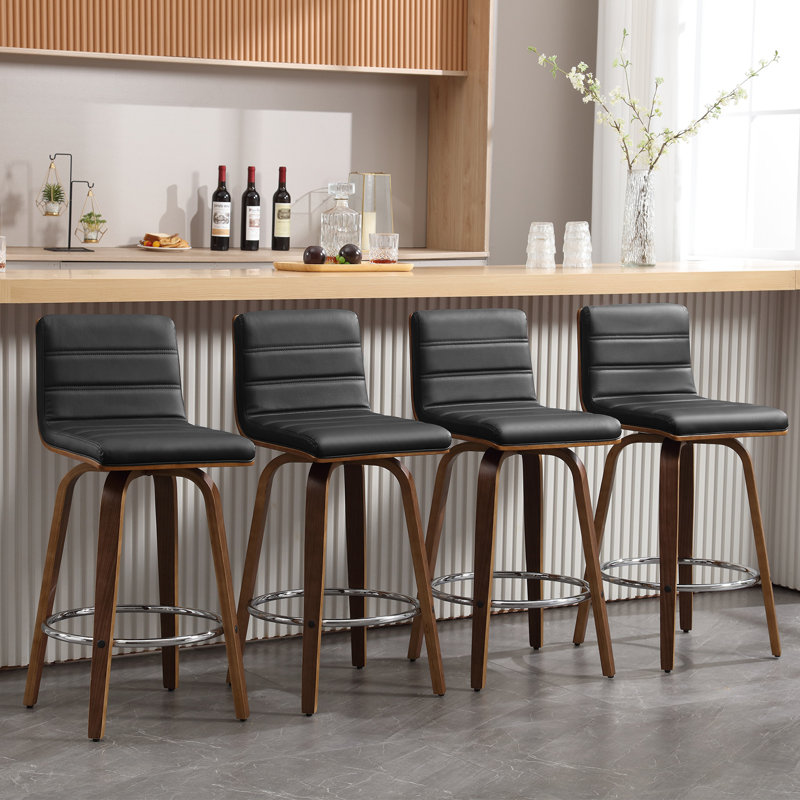 Swivel Upholstered Counter & Bar Stool With Solid Wood Frame and L-Shaped PU Leather Back, Black