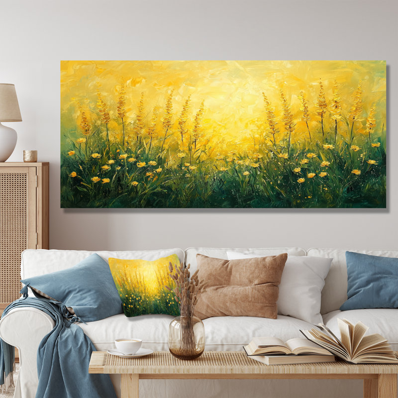 Fleurs dorées dorées, horizon verdâtre III - Fleurs sauvages, H 28 po x l 60 po, Toile tendue