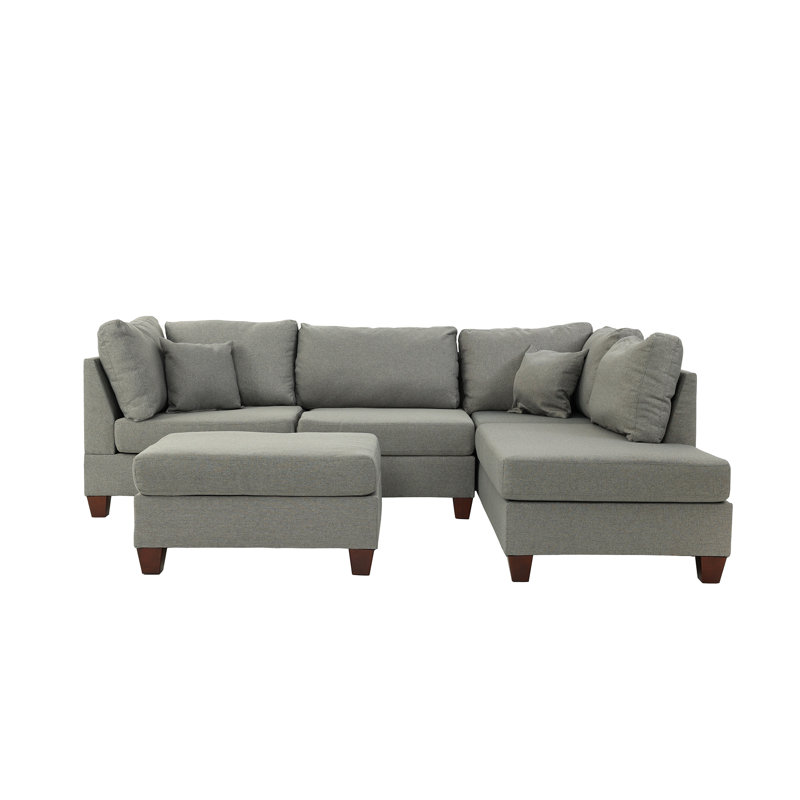 Reversible Polyfiber Sectional Sofa with Ottoman, Grey