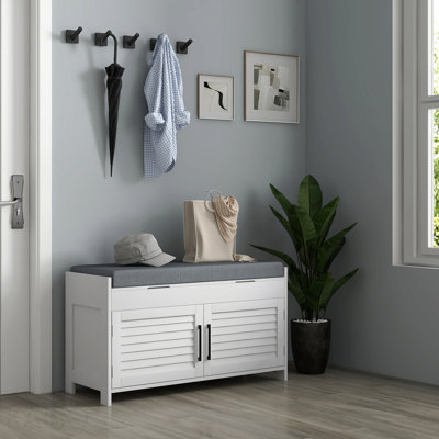 Banc de rangement pour chaussures 35 po, portes / coussin pour porte d'entrée - blanc