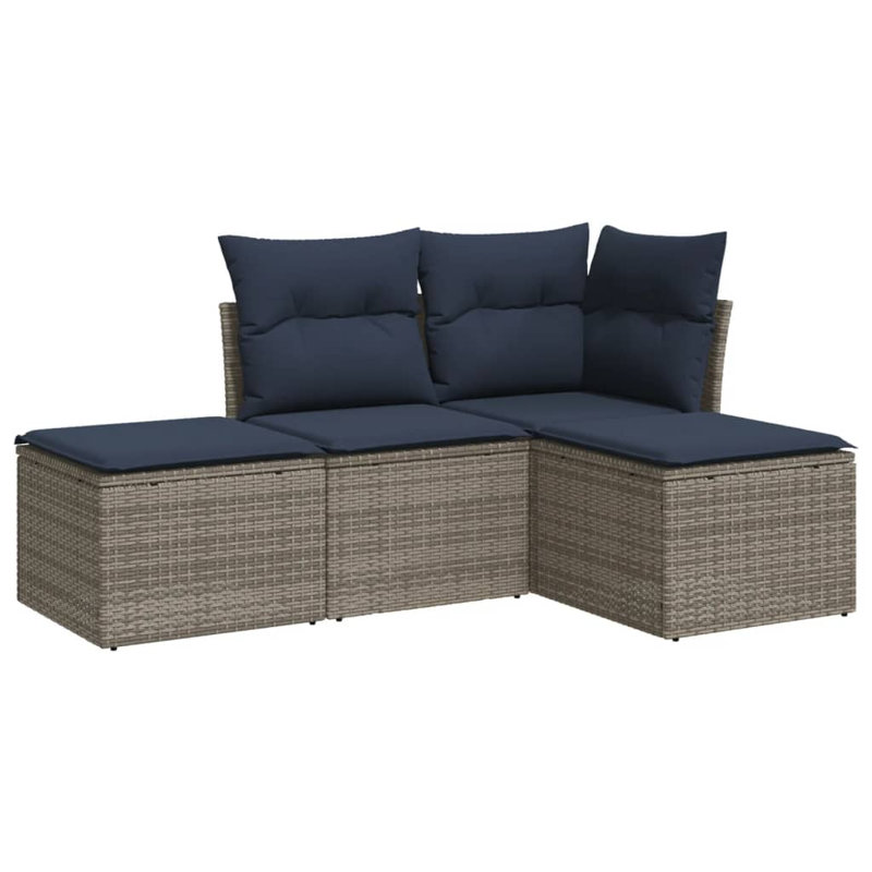 Latitude Run® 4 Piece Patio Sofa Set With Cushions Black Poly Rattan, Navy Blue Cushion/ Gray Frame