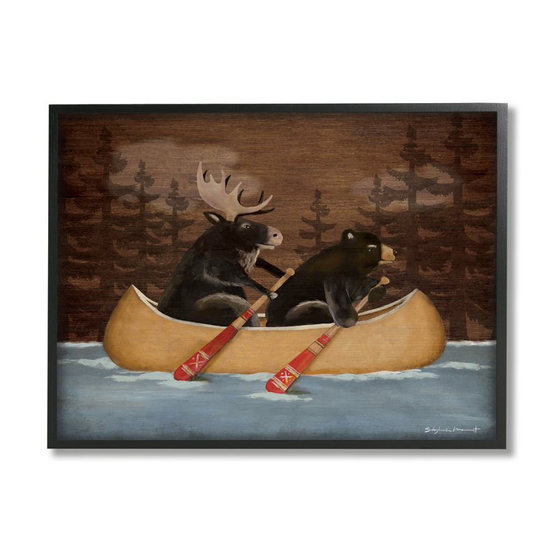 «Canoeing Animals Rustic Woodland» par Stephanie Workman Marrott - cadre flottant, impression sur bois