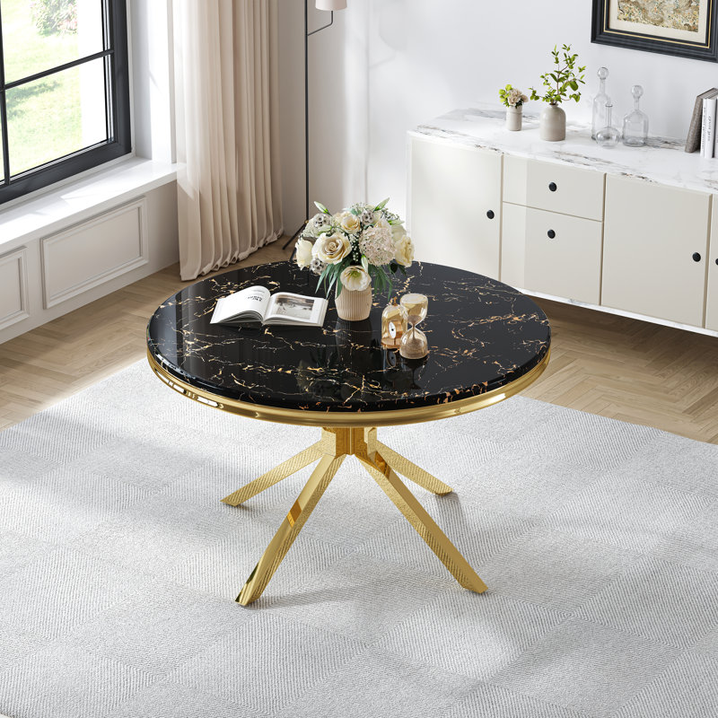 Round Dining Table – 46.85" Faux Marble Top with Mirrored Stainless Steel Nest-Shaped X Base, Seats 4–6, Black, Gold