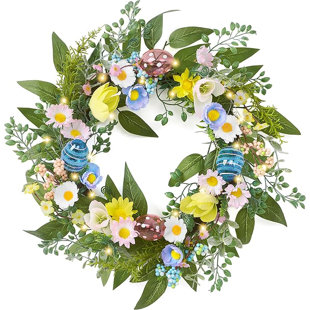  Décoration de guirlande pastel en forme d'œuf de Pâques pour porte d'entrée avec guirlande de marguerites florales printanières avec feuilles d'eucalyptus pour la maison