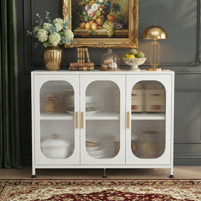 Buffet 48 po en métal, 3 portes, réglable, blanc, Blanc