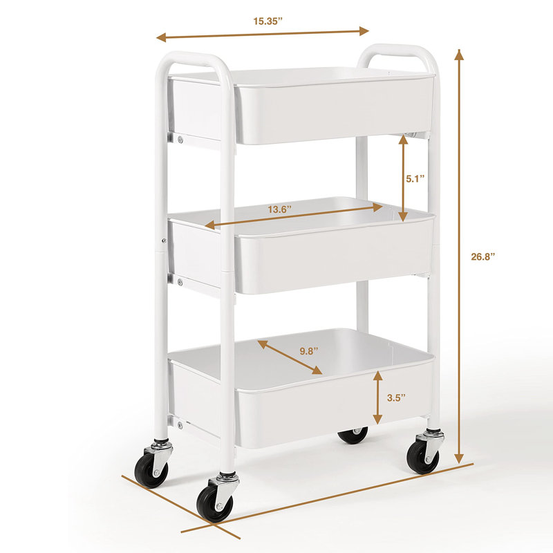 White Compact 3-Tier Metal Rolling Utility Cart with Caster Wheels