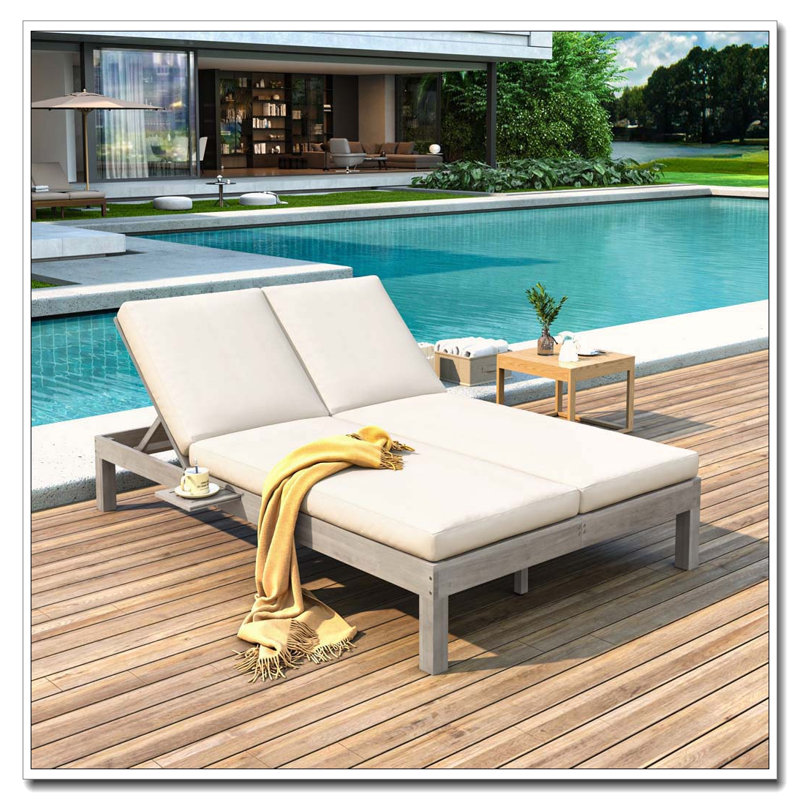 Chaise longue double pour deux avec dossier réglable à 5 positions et tables d'appoint intégrées, Gris