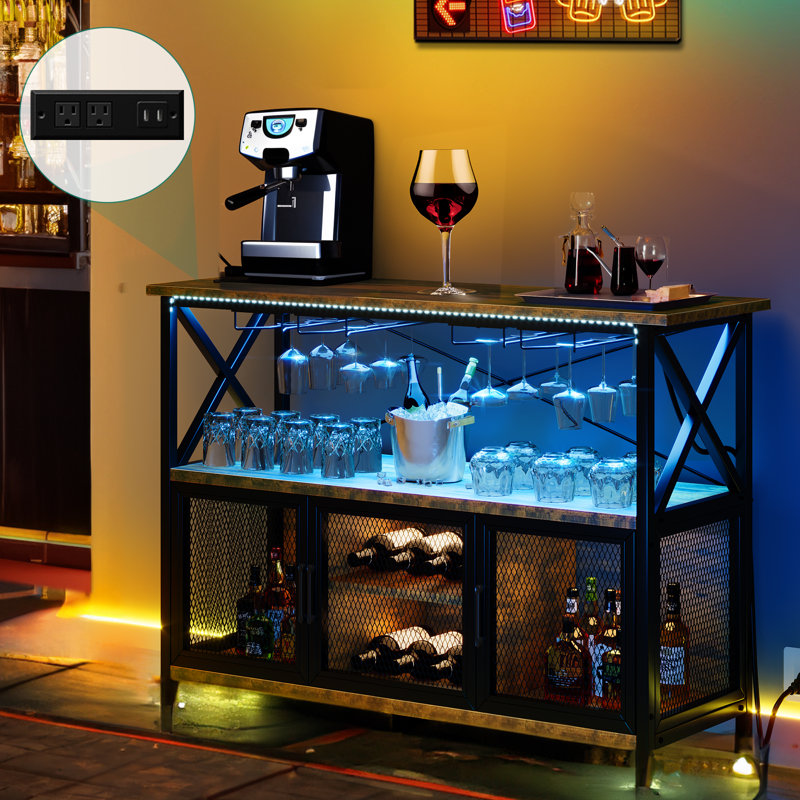 Rustic Industrial 47" Wine Bar Cabinet with LED Lights and Power Outlets