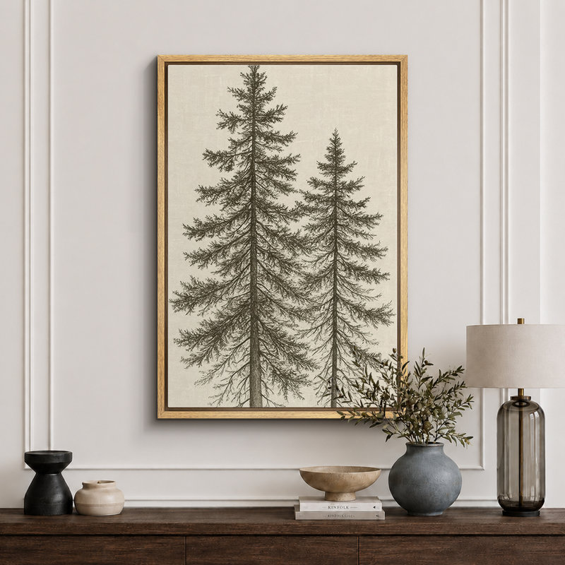 «Tall Pine Trees Classic Botanical Nature Art», reproduction d'art sur toile encadrée, H 36 po x l 24 po, Naturel