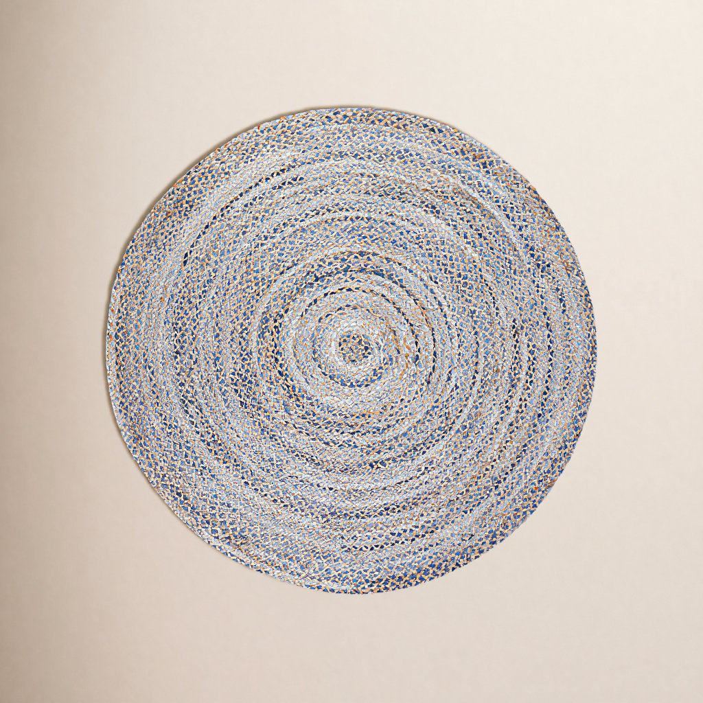 Blue Tan Round Handwoven Geometric Jute Rug, Round 8'