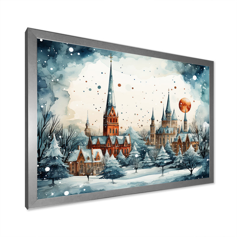 «Christmas Village In Winter II - Winter Landscape», art mural, Cadre de coin argenté fermé, H 12 po x l 20 po x P 1 po