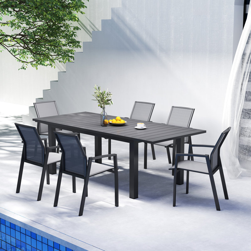 Calliana Patio Dining Set with Extendable Dining Table and Fully Assembled Stackable Chairs, Gray, 6