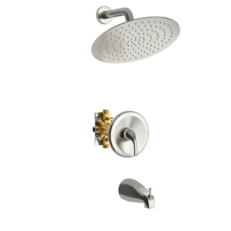 10" Round Rain Shower Head System In Brushed Nickel With Waterfall Tub Spout - Wall Mount, Valve, 360 Adjustable, Easy Installation & Hygiene Care To Install Clean