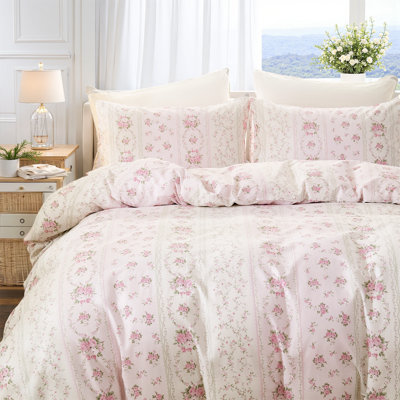 Duvet Cover Queen Size - 100% Cotton Reversible Floral Duvet Cover Set with Zipper Closure, 3 Pieces Soft & Breathable Pink Aesthetic Bedding Set