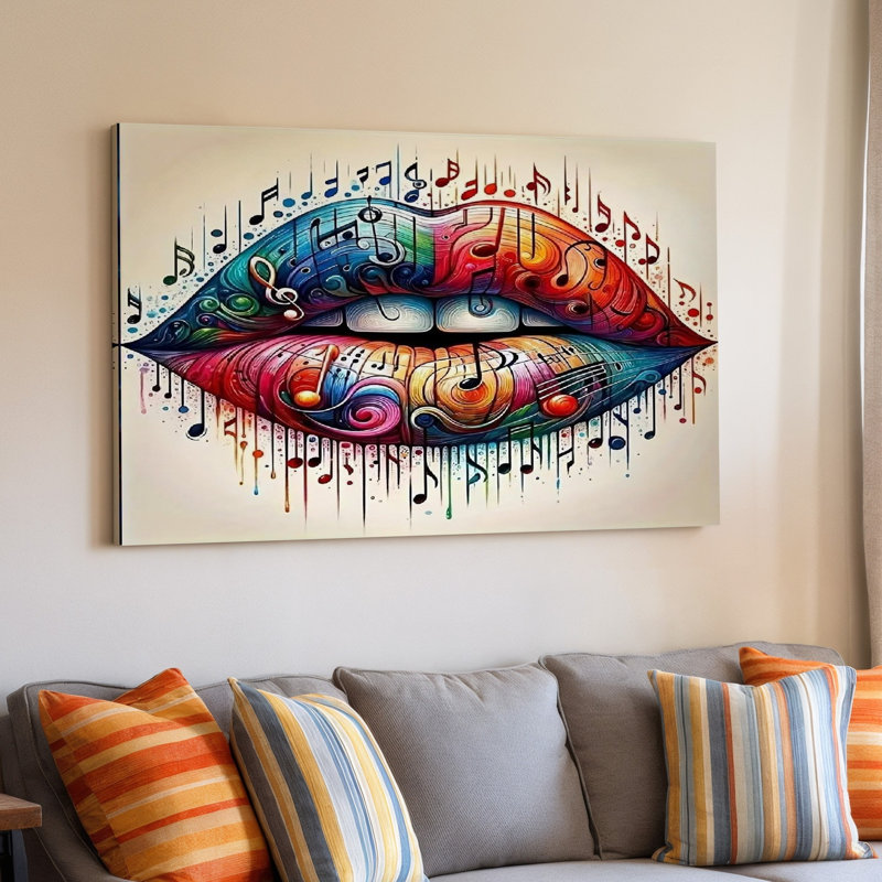 Abstrait coloré, notes de musique, lèvres, thème musical, impression murale sur toile pour le salon, la chambre à coucher, le bureau, le couloir, le vestibule, le mur de la galerie et la décoration moderne