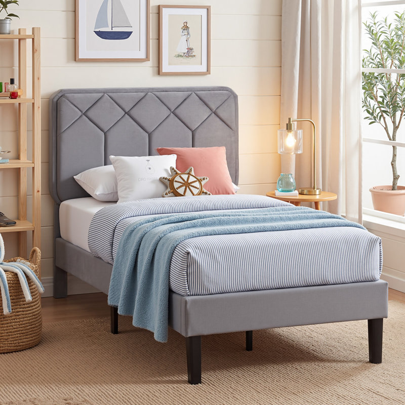 Twin Platform Bed Frame with Velvet Upholstered Headboard and Wooden Slats Support, Mattress Foundation/No Box Spring Needed