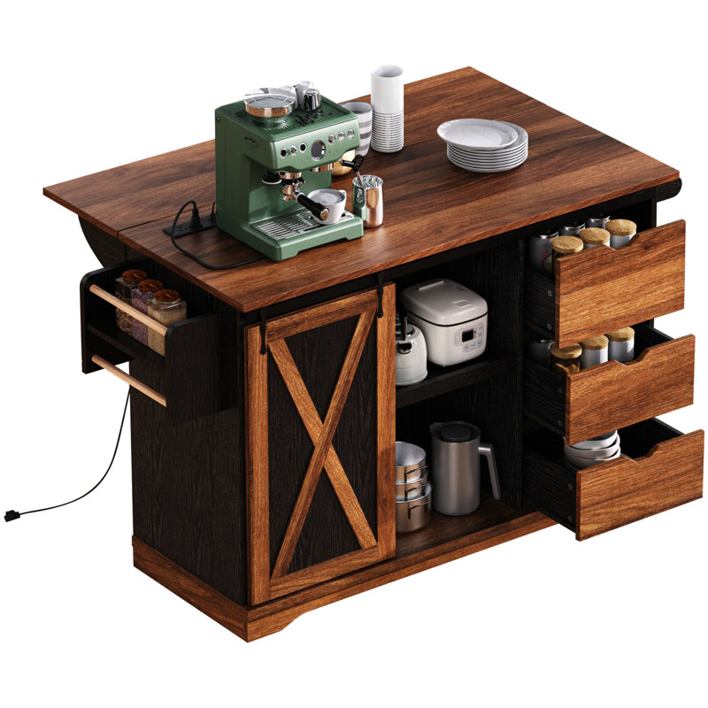 Îlot de cuisine noir 55,5 po avec abattant, porte de grange coulissante, station de charge, tablette réglable et support à épices, pour la salle à manger, prise de courant, roulettes, grand espace de travail, maison