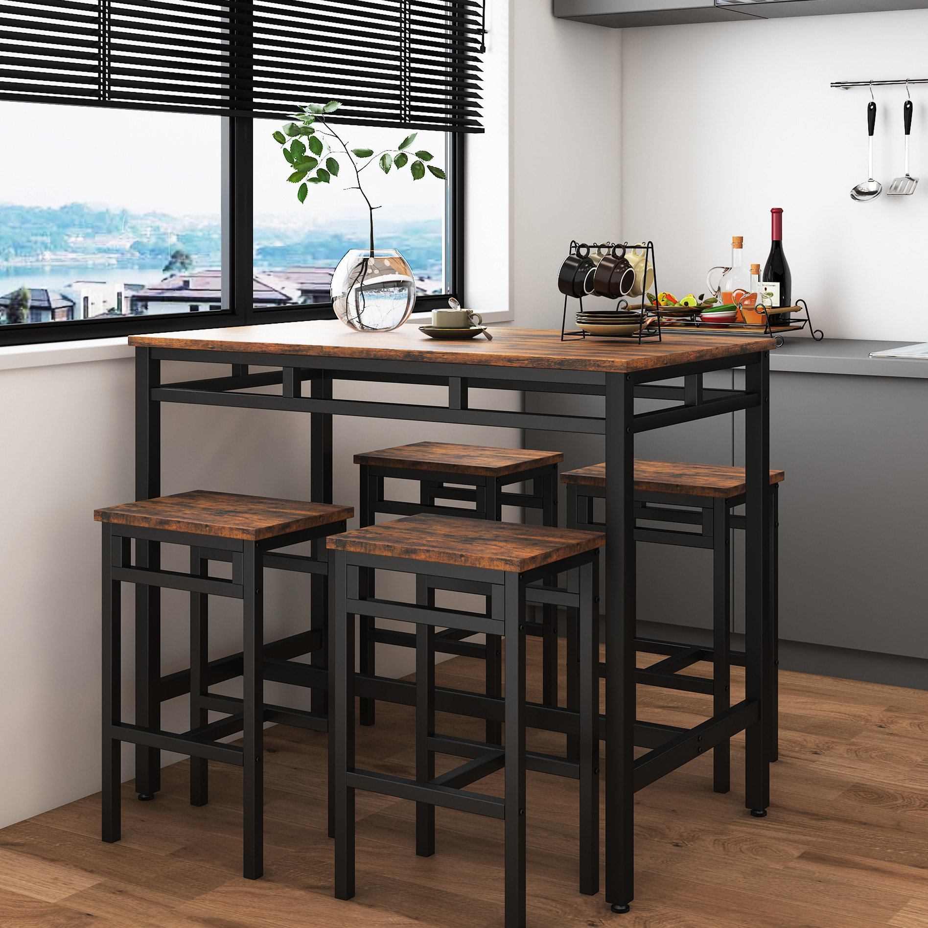 17 Stories Rustic Brown Bar Table 5pc - Strong Metal And Particle Board