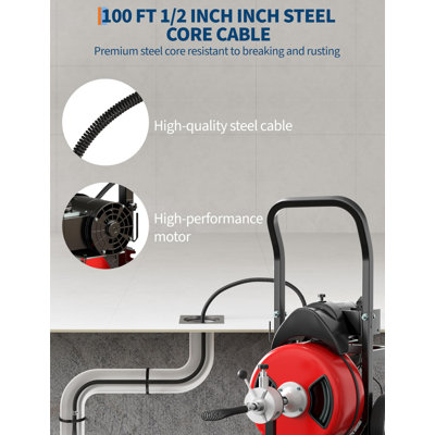100FT x 1/2" Electric Drain Cleaner Machine with Auto Feed, Foot Switch, 4 Cutters and Wheels for 2" to 4" Pipes, Red