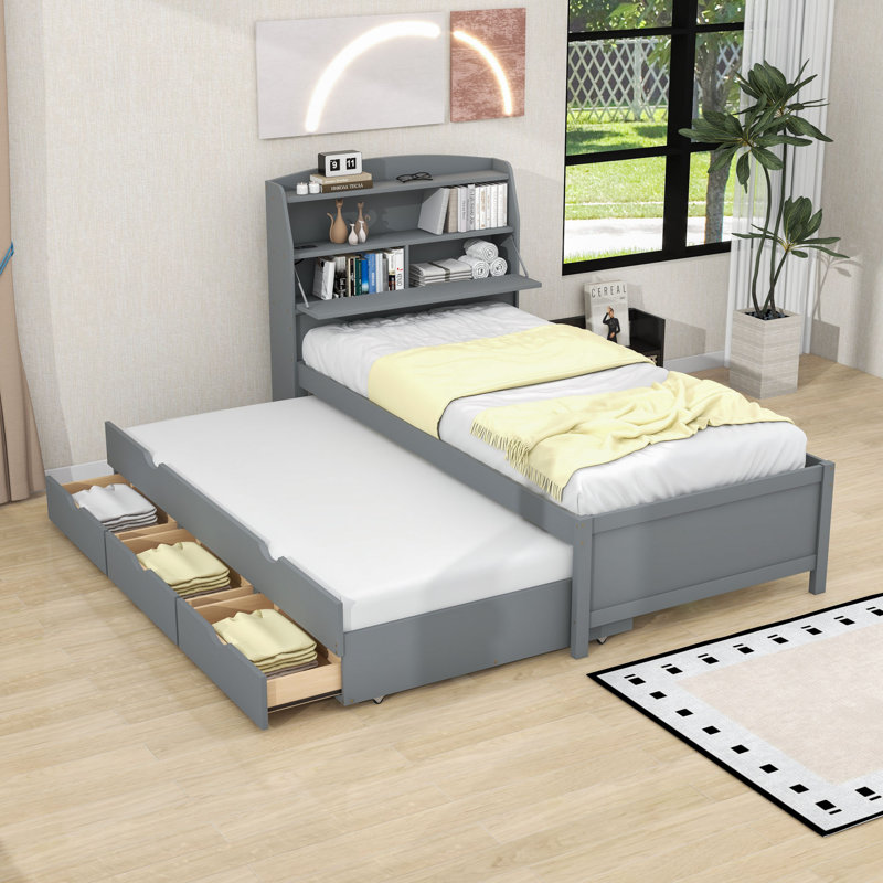  Lit plateforme en bois avec lit gigogne, tête de lit et tiroirs Falcone, gris, Simple
