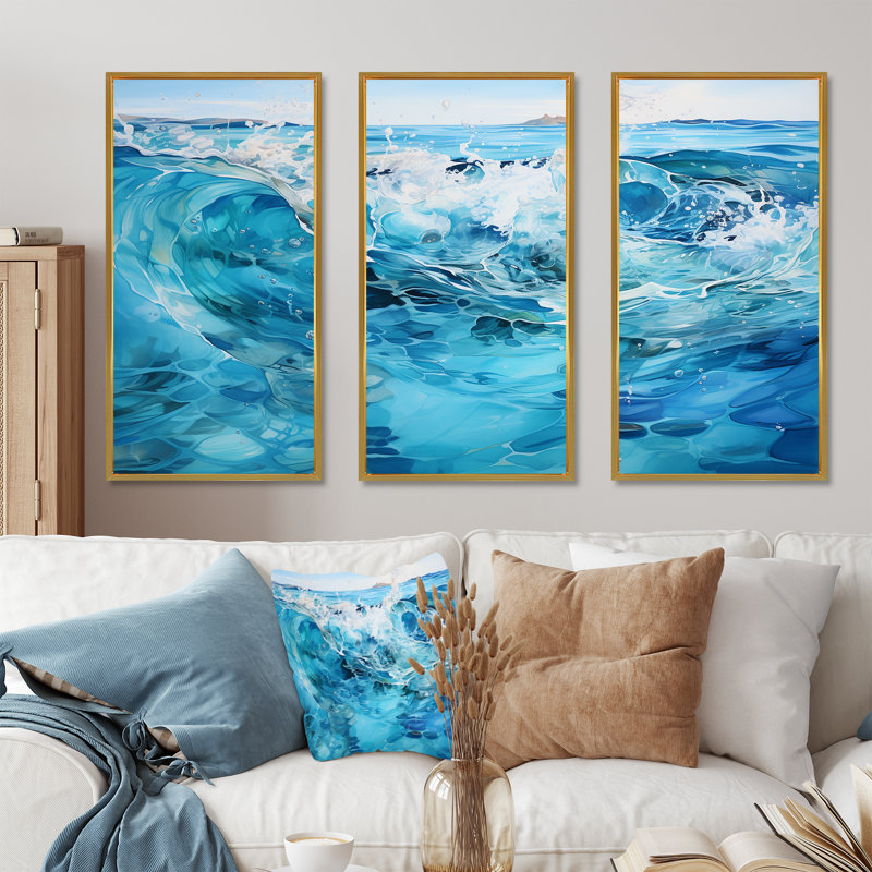 «Azure Water Dreams I - Abstract Impressionism», reproduction d'art, Cadre flottant doré, H 28 po x l 36 po x P 1 po