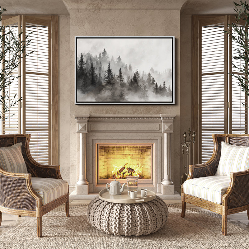 «Misty Pine Forest Layers» dans des tons monochromes, art mural encadré, H 24 po x l 36 po, Blanc