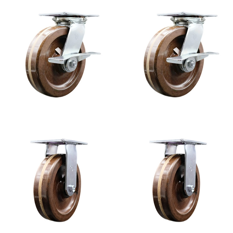 8 Inch High Temp Phenolic Caster Set with Roller Bearing 2 Brakes and 2 Rigid