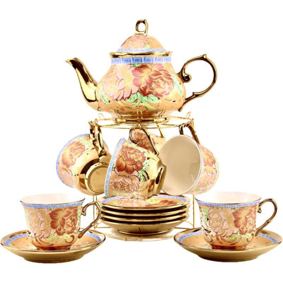 20 Pieces Porcelain Tea Set With Metal Holder European Ceramic Tea Set For Adultsflower Tea Settea Set For Women With Flower Painting  Version Deep