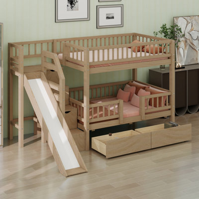 Bunk Bed with Storage Staircase, Built-in Slide and 2 Drawers for Maximum Fun