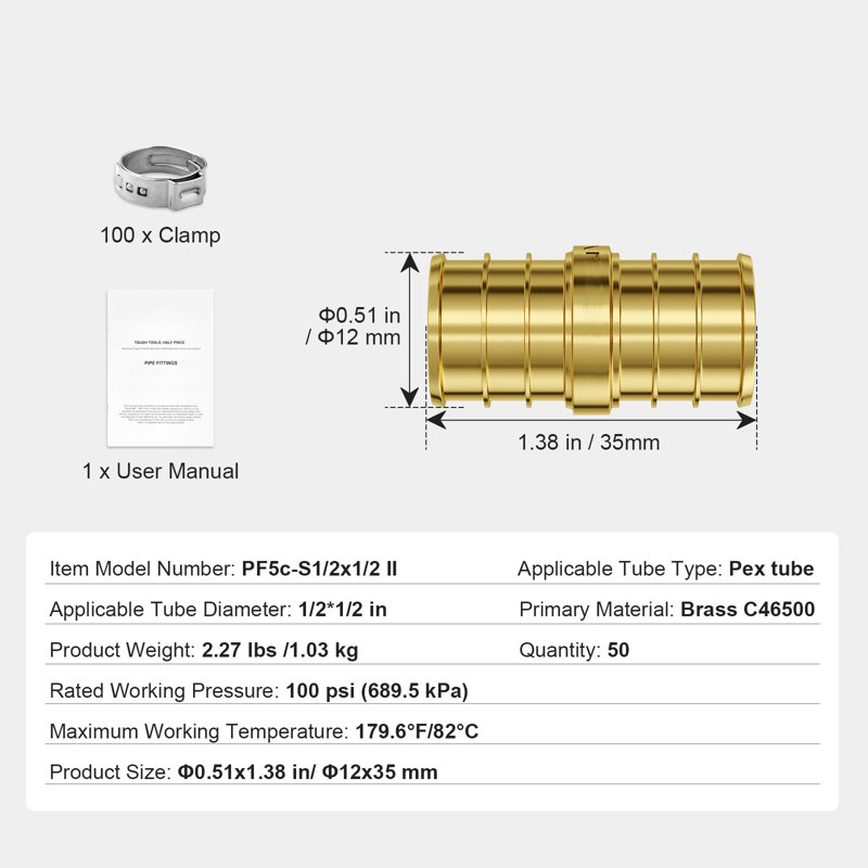 Pipe Fittings 1/2" 50PCS Brass Clamp-style Straight-Through for Air System