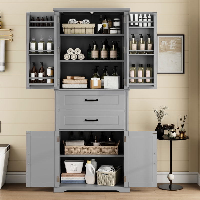 Armoire grise 72,5 pouces avec 2 tiroirs, 4 portes et plusieurs tablettes pour la cuisine, le salon ou la salle de bain -, fini peint, poignées en métal