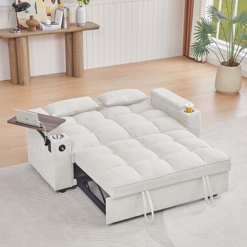 Canapé-lit en chenille avec accoudoirs avec rangement, port USB et table d'appoint, Beige
