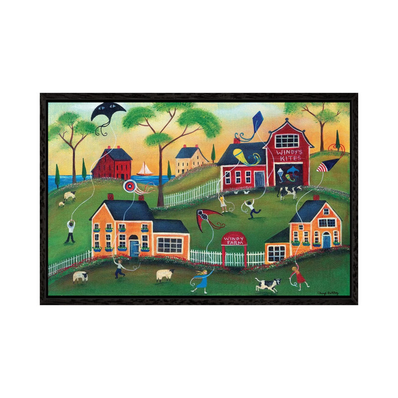 Windys Kite Farm by Cheryl Bartley - Painting on Canvas, 45.72cm H x 66.04cm W x 3.81cm D, Black Framed