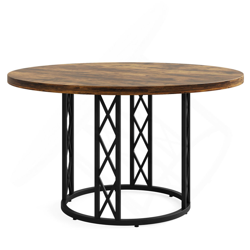 Table de salle à manger moderne de 47 pouces pour 4 à 6 personnes, table de cuisine industrielle rustique avec plateau en grain de bois et grande table ronde en métal pour la salle à manger, petits espaces - table brune et noire seulement