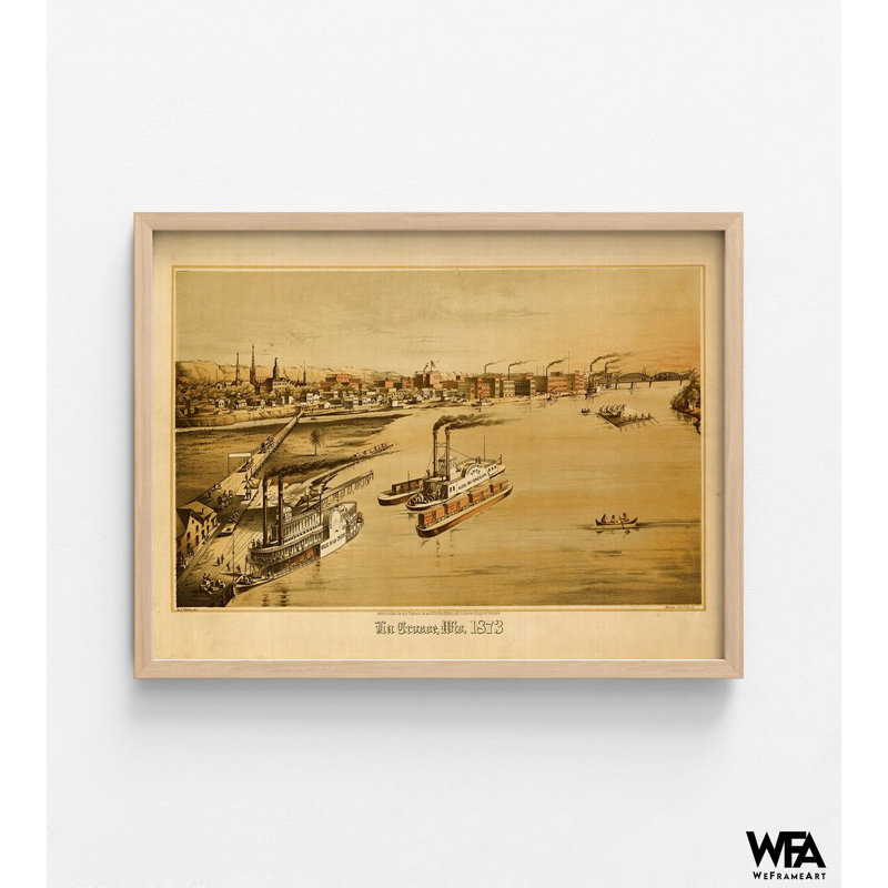 La Crosse-Wisconsin, 1873, impression antique de La Crosse, H 24 po x l 32 po, Cadre simple brun clair sans passe-partout